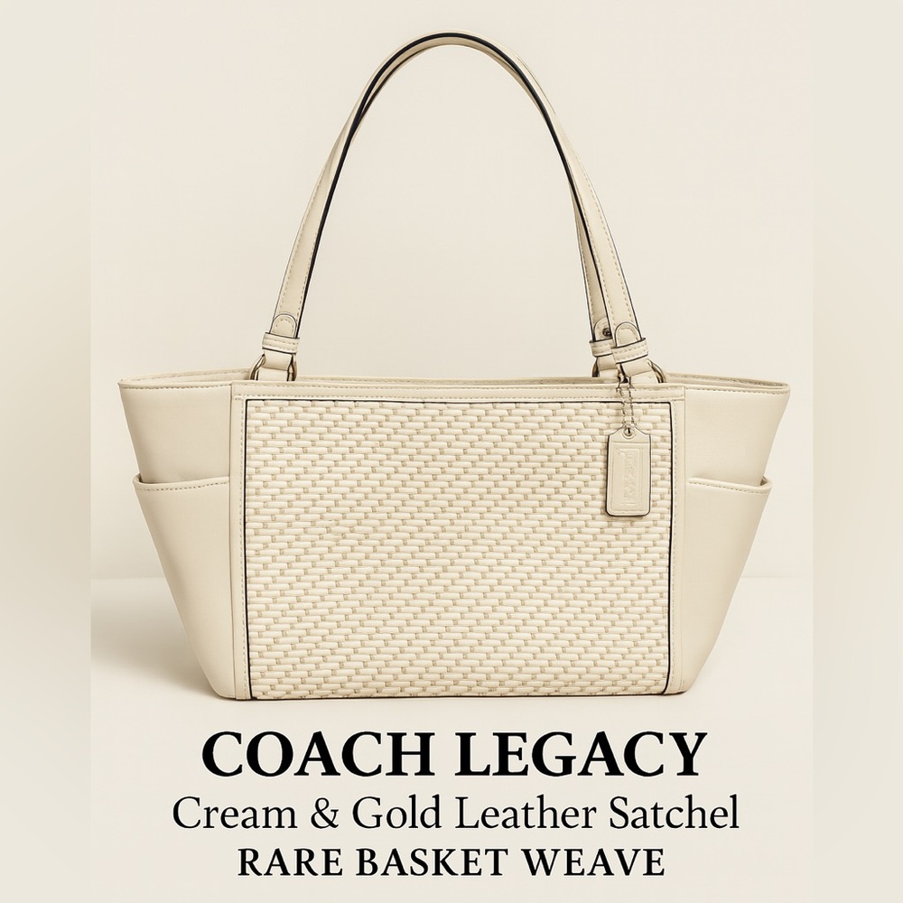 Coach Legacy Cream & Gold Leather Satchel – Rare Basket Weave | Gently Used